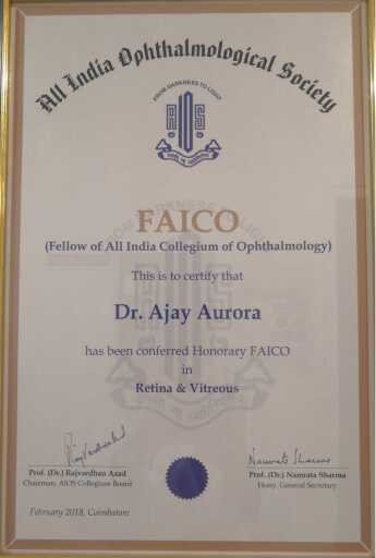 FAICO Retina and Vitreous certificate for Dr. Ajay Aurora